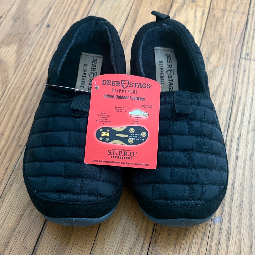 Deer Stags Kids Black Quilted Slipperooz